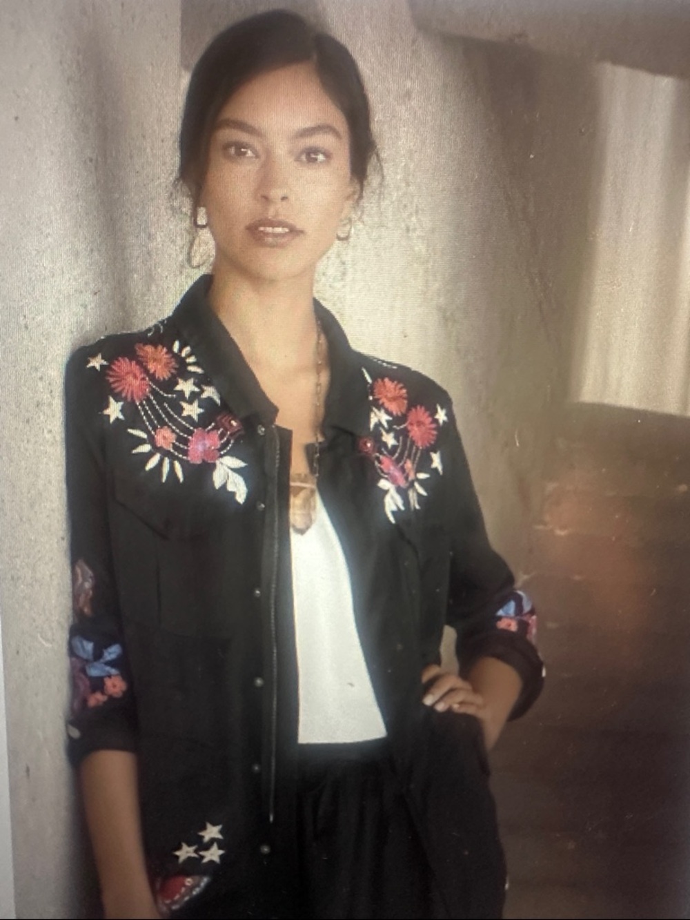 Johnny Was Workshop Embroidered Black Utility Jacket with Floral & Star Motifs
